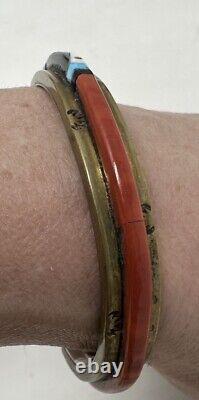 Vintage Native American Signed NEZ Sterling Silver Inaid Stone Cuff Bracelet