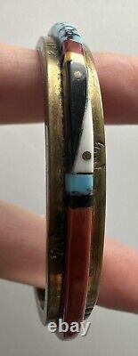 Vintage Native American Signed NEZ Sterling Silver Inaid Stone Cuff Bracelet