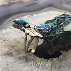 Vintage Native American Silver 2 Turquoise Floral Ring Size 6.5 For Women
