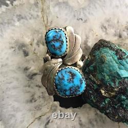 Vintage Native American Silver 2 Turquoise Floral Ring Size 6.5 For Women