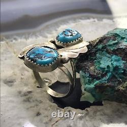 Vintage Native American Silver 2 Turquoise Floral Ring Size 6.5 For Women