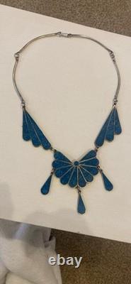 Vintage Native American Silver And Inlaid Turquoise Chip Statement Necklace