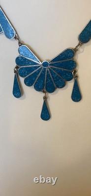 Vintage Native American Silver And Inlaid Turquoise Chip Statement Necklace