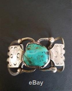 Vintage Native American Silver And Turquoise Old Pawn Cuff Bracelet