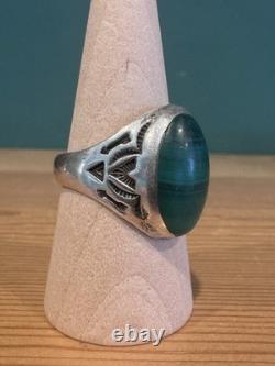 Vintage Native American Silver, Malachite Men's Ring Large, Heavy Size 12