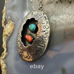 Vintage Native American Silver Shadowbox Turquoise &Coral Pendant/Brooch WithChain