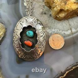 Vintage Native American Silver Shadowbox Turquoise &Coral Pendant/Brooch WithChain