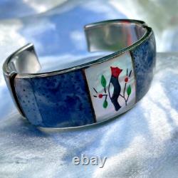 Vintage Native American Silver Shell Cuff Bracelet Signed Black Catbird Handmade