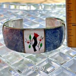 Vintage Native American Silver Shell Cuff Bracelet Signed Black Catbird Handmade