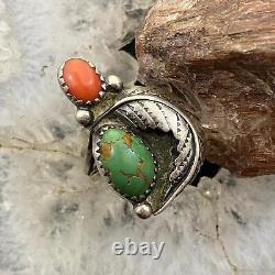 Vintage Native American Silver Turquoise & Coral Ornate Ring Size 6.5 For Women