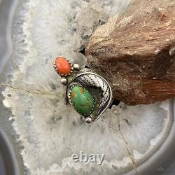 Vintage Native American Silver Turquoise & Coral Ornate Ring Size 6.5 For Women