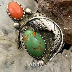 Vintage Native American Silver Turquoise & Coral Ornate Ring Size 6.5 For Women