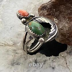 Vintage Native American Silver Turquoise & Coral Ornate Ring Size 6.5 For Women