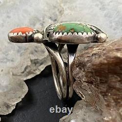 Vintage Native American Silver Turquoise & Coral Ornate Ring Size 6.5 For Women