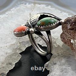 Vintage Native American Silver Turquoise & Coral Ornate Ring Size 6.5 For Women