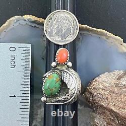 Vintage Native American Silver Turquoise & Coral Ornate Ring Size 6.5 For Women