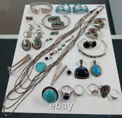 Vintage Native American Southwest Sterling Silver Signed Jewelry Lot 35 Items
