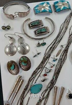 Vintage Native American Southwest Sterling Silver Signed Jewelry Lot 35 Items