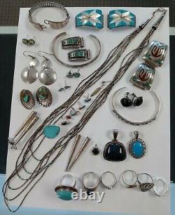 Vintage Native American Southwest Sterling Silver Signed Jewelry Lot 35 Items