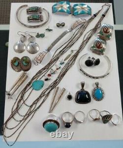 Vintage Native American Southwest Sterling Silver Signed Jewelry Lot 35 Items