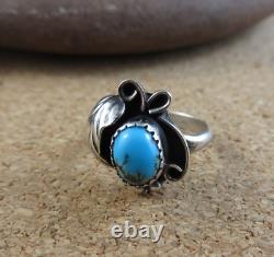 Vintage Native American Squash Blossom Sterling Silver Turquoise Ring 5.25 #111