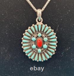 Vintage Native American Sterling 925 Turquoise & Coral Pendant On Italian Chain