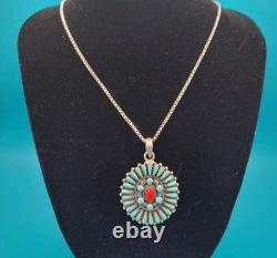 Vintage Native American Sterling 925 Turquoise & Coral Pendant On Italian Chain