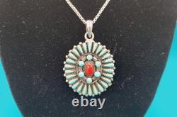 Vintage Native American Sterling 925 Turquoise & Coral Pendant On Italian Chain