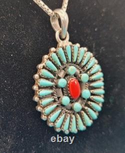 Vintage Native American Sterling 925 Turquoise & Coral Pendant On Italian Chain