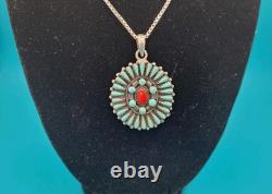 Vintage Native American Sterling 925 Turquoise & Coral Pendant On Italian Chain