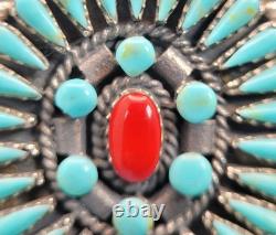 Vintage Native American Sterling 925 Turquoise & Coral Pendant On Italian Chain