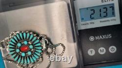 Vintage Native American Sterling 925 Turquoise & Coral Pendant On Italian Chain