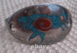 Vintage Native American Sterling Silver 925 Turquoise & Coral Bull Cuff (Grp. 8)