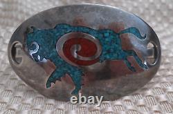 Vintage Native American Sterling Silver 925 Turquoise & Coral Bull Cuff (Grp. 8)