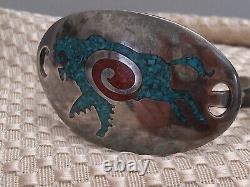 Vintage Native American Sterling Silver 925 Turquoise & Coral Bull Cuff (Grp. 8)