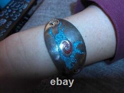 Vintage Native American Sterling Silver 925 Turquoise & Coral Bull Cuff (Grp. 8)