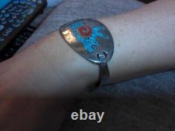 Vintage Native American Sterling Silver 925 Turquoise & Coral Bull Cuff (Grp. 8)