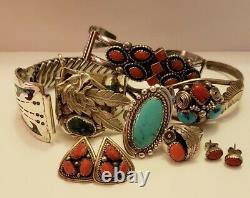 Vintage Native American Sterling Silver Coral and Turquoise Jewelry Lot