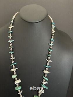 Vintage Native American Sterling Silver Fetish Turquoise Heishi Bead Necklace 30