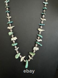 Vintage Native American Sterling Silver Fetish Turquoise Heishi Bead Necklace 30