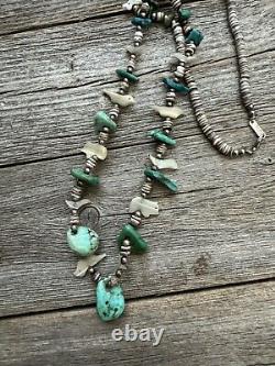 Vintage Native American Sterling Silver Fetish Turquoise Heishi Bead Necklace 30