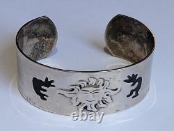 Vintage Native American Sterling Silver Kokopelli Dancers Sun Cuff Bracelet 7in