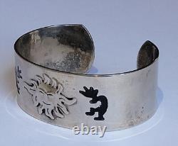 Vintage Native American Sterling Silver Kokopelli Dancers Sun Cuff Bracelet 7in