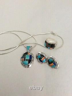 Vintage Native American Sterling Silver Mosaic Inlaid Zuni Signed Set