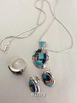 Vintage Native American Sterling Silver Mosaic Inlaid Zuni Signed Set