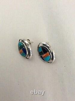 Vintage Native American Sterling Silver Mosaic Inlaid Zuni Signed Set