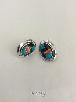 Vintage Native American Sterling Silver Mosaic Inlaid Zuni Signed Set