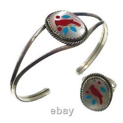 Vintage Native American Sterling Silver Mother of Pearl Bangle and Ring Set