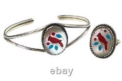 Vintage Native American Sterling Silver Mother of Pearl Bangle and Ring Set