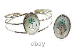 Vintage Native American Sterling Silver Mother of Pearl Bangle and Ring Set